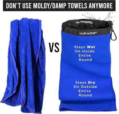 Club Scrub Towel Pro, Golf Club and Ball Cleaning Pouch with Attached Towel, Waterproof Exterior, Clean Face Technology Liner, Machine Washable, Cleans Club Grooves, Waffle-Weave Microfiber