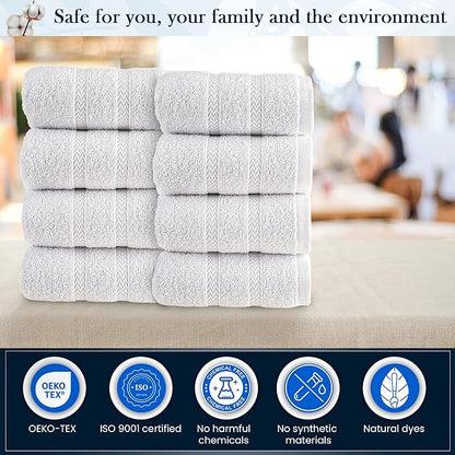 HALLEY Turkish 8 Pack Premium Washcloths (8 Pieces) 650 GSM Highly Absorbent Super Soft 100% Cotton - 8 Washcloths (White)