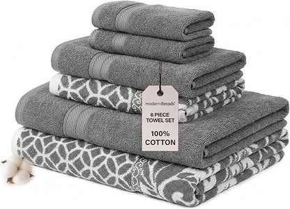 Modern Threads Trefoil Filigree 6-Piece 100% Cotton Towel Set – Reversible Yarn Dyed Jacquard – Includes 2 Bath Towels, 2 Hand Towels, 2 Washcloths – Absorbent, Quick Dry, Soft & Durable – Dark Gray