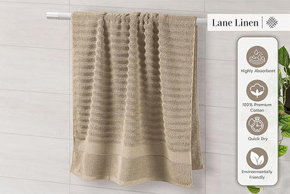 LANE LINEN Bath Towel Set - Soft and Absorbent, Ribbed, 100% Cotton Towels for Bathroom, Hotel, Body & Spa - 2 Bath Towels Large Size, 2 Bathroom Hand Towel and 2 Wash Cloths (6 Piece Set) - Taupe