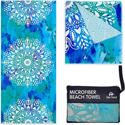 Elite Trend Microfiber Beach Towel for Adults with Bag - Extra Large 78x35 inch Lightweight Sand Free Quick Dry Towel for Travel, Swimming, Yoga, Camping (Mandala Blue)