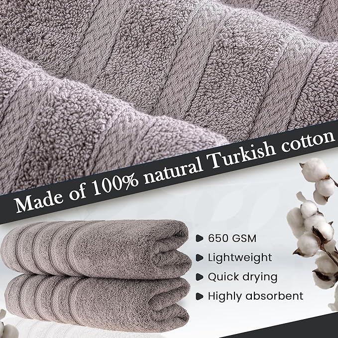 HALLEY Turkish 2 Pack Premium Bath Towels (2 Pieces) 650 GSM Highly Absorbent Super Soft 100% Cotton - 2 Bath Towels (Gray)