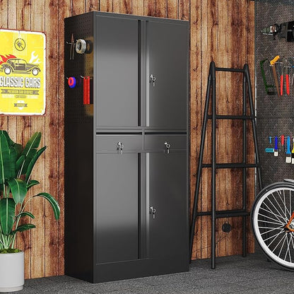 Aobabo 71" H×30" W×15" D Metal Storage Cabinet with 2 Drawers, Locking Steel Storage Cabinet with 2 Adjustable Shelves and 8 Hooks for Garage, Office, Black, Assembly Required