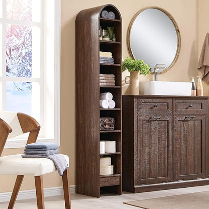 67" Tall Arched Bathroom Storage Cabinet, 8-Tier Modern Farmhouse Storage Cabinet with Adjustable Shelves, Wood Freestanding Cabinet for Bathroom, Living Room, Entryway, Hallway (Brown)