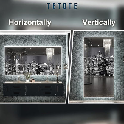 TETOTE 48 x 24 LED Backlit Bathroom Mirror with Light,3Color White/Warm/Natural,Anti-Fog Lighted Mirror,Dimmable,Vanity Mirror,Wall Mounted