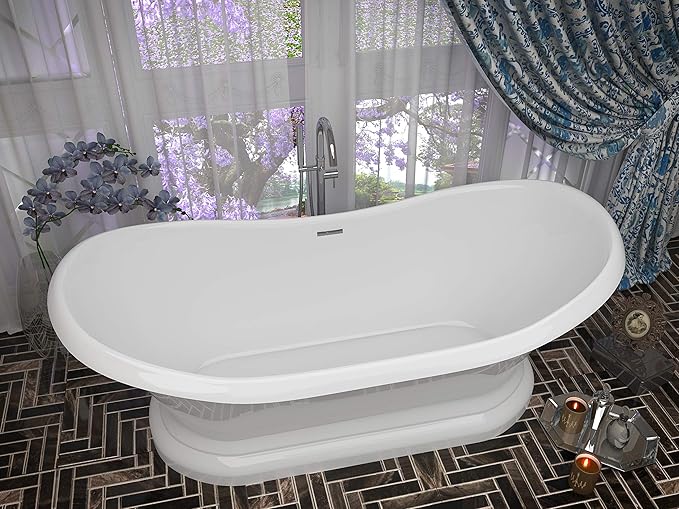 ANZZI Freestanding Tub 71", Ruby Series, In Glossy White Acrylic Oval Flat Bottom Freestanding Bathtub, Luxury Soaking Deep Large Tub with Built-in Overflow and Drain (FT-AZ113)