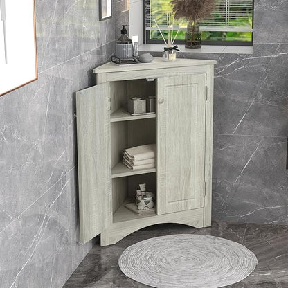 Corner Storage Cabinet with Adjustable Shelves, Triangle Bathroom & Kitchen Organizer, Freestanding Floor Cabinet for Toilet Kitchen Bathroom Cleaning Supplies (Oak)