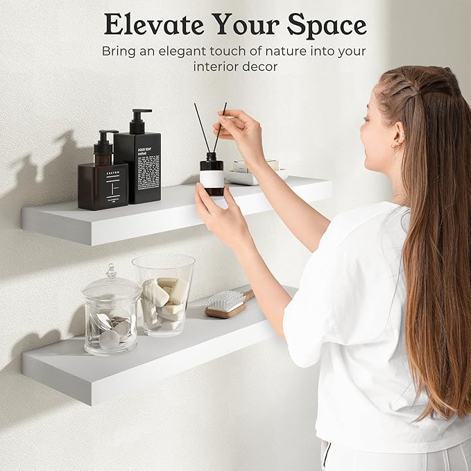 Floating Shelves for Wall, 9.3" Deep Wall Mounted Wood Shelves for Bathroom, Bedroom, Living Room, Kitchen, Hanging Shelf for Books/Storage/Room Decor (White, 24")