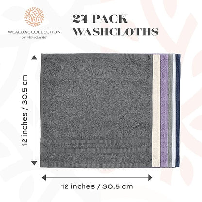 White Classic Wealuxe Multi Washcloths 24 Pack - 600 GSM 100% Ring-Spun Cotton Wash Cloths for Showering, Highly Absorbent and Soft | 12x12 Inches