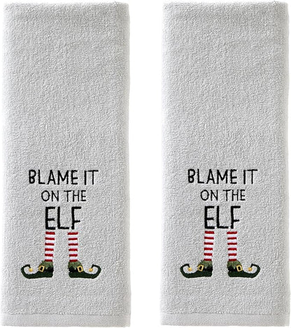 SKL Home Christmas/Winter Blame It On The Elf Hand Towel 2pc Set for Bath/Kitchen & Gift, Gray