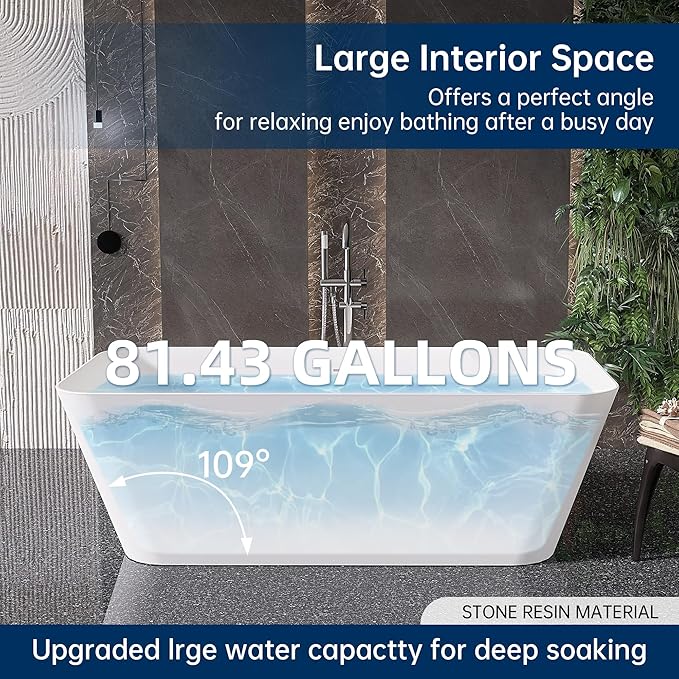 Stone Resin Freestanding Bathtub 67 ", Elegant Oval Shape Soaking Tub, Solid Surface Stand Alone Bathtub with Drain & Integrated Slotted Overflow Matte White AMFS340-1700