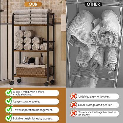 Towel Rack Free Standing Rolling 3-Tier with Removable Dividers & 2 Brake Wheels, Mobile Bathroom Storage Organizer with 3 Wood Shelves for Towels, Toiletries, Poolside Towel Holder