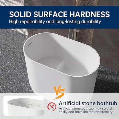 39" Stone Resin Janpanese Soaking Tub, Freestanding Deep Soaking Bathtub with Seat Desgin,Toe-tap Chrome Right Drain, Slotted Overflow, cUPC Certified, in Matte White