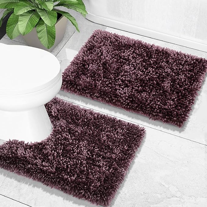 Yimobra Toilet Rugs U Shaped Washable, Extra Thick Soft Absorbent Chenille Contour Bathroom Rugs for Toilet 24x24 Inch, Quick Dry Non Slip Toilet Mat for Bath Floor, Purple Grey