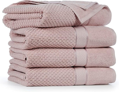 Ample Decor 100% Cotton Soft Pink Bath Towel for Bathroom Set of 4 Popcorn Textured - Super Soft, Quick-Dry, Highly Absorbent, Lightweight, Machine Washable - Mulaayam Collection - 30 X 54 Inch