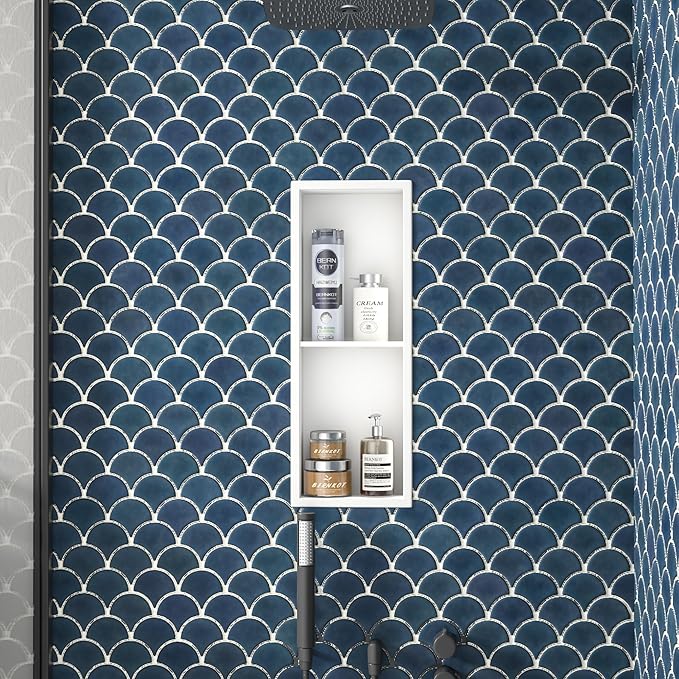 Stainless Steel Shower Niche 8"×24" White Double Shelves No Tiled Needed Niche Shower for Wall Recessed Shower Shelf for Bathroom Storage