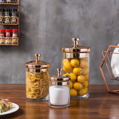 MyGift Glass Apothecary Cookie Jar Set with Copper Lid - Decorative Kitchen and Bath Storage Canisters, Wedding Centerpiece Jars, Candy Buffet with Lids