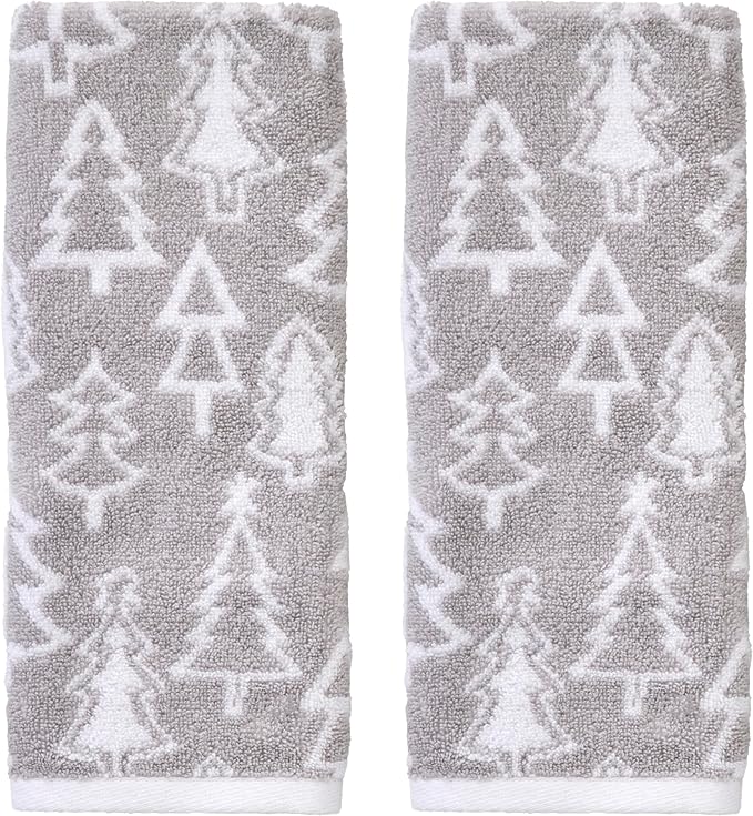 SKL Home Christmas/Winter Mod Tree 100% Cotton Premium 2-Piece Hand Towel Set, 450 GSM, Reversible Jacquard, Soft & Absorbent, Decorative for Bath/Kitchen/Bar, Gray