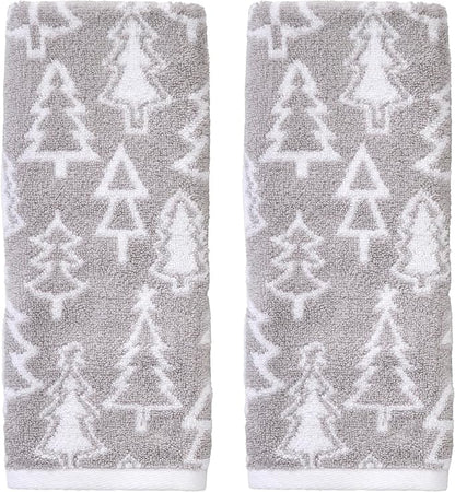 SKL Home Christmas/Winter Mod Tree 100% Cotton Premium 2-Piece Hand Towel Set, 450 GSM, Reversible Jacquard, Soft & Absorbent, Decorative for Bath/Kitchen/Bar, Gray