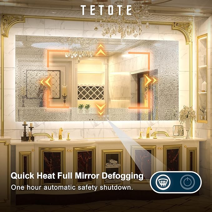 TETOTE 72 x 36 Inch LED Backlit Bathroom Mirror with Lights,3Color White/Warm/Natural,Anti-Fog Lighted Mirror,Dimmable,Vanity Mirror,Wall Mounted