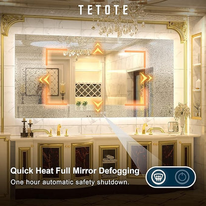 TETOTE 72 x 36 Inch LED Backlit Bathroom Mirror with Lights,3Color White/Warm/Natural,Anti-Fog Lighted Mirror,Dimmable,Vanity Mirror,Wall Mounted