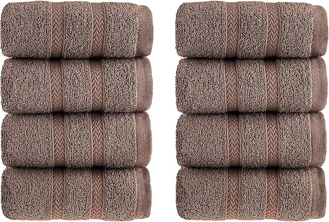 HALLEY Turkish 8 Pack Premium Washcloths (8 Pieces) 650 GSM Highly Absorbent Super Soft 100% Cotton - 8 Washcloths (Brown)