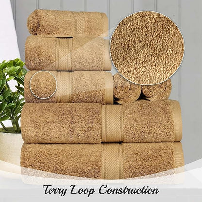 Superior Egyptian Cotton Pile 9 Piece Towel Set, Includes 3 Bath, 3 Hand, 3 Face Towels/Washcloths, Ultra Soft Luxury Towels, Thick Plush Essentials, Guest Bath, Spa, Hotel Bathroom, Toast