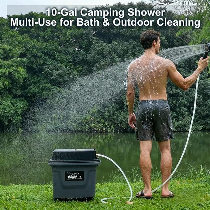 Cordless Portable Pressure Washer (Max 330PSI) - Self-Contained Camping Shower | 10Gal Tank, 5H Runtime, No Hose Needed | Multi-Use for Car Cleaning/Pet Bath/Garden Watering (Black)