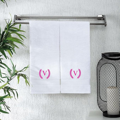 Monogrammed Hand Towels for Bathroom Makeup, Personalized Turkish Cotton Towel with Embroidery, Gift for Weddings, Housewarming, Anniversaries, and Bridal Showers, Set of 2 (Hot Pink, Initial V)