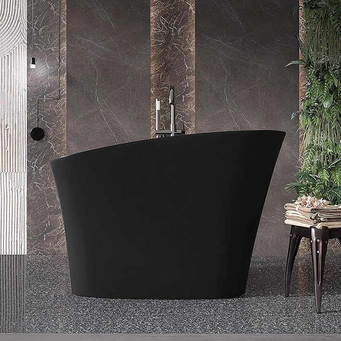 51'' Japanese Soaking Tub Freestanding Bathtub Resin Stone Bathtubs Deep soaking Tub with Overflow and Pop-up Drain - black