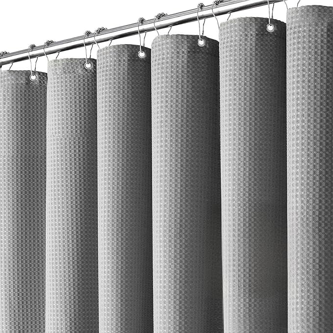 Inhousolu Fabric Shower Curtain Waffle Weave, 230 GSM Heavy Duty, Weighted Hem, 8 Metal Hooks, Water Repellent, Machine Washable, Hotel Spa Luxury Bath Curtain Set, 36 x 72 Inch, Grey