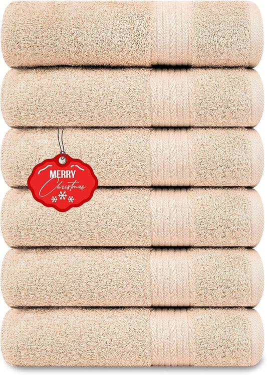 Ample Decor Hand Towel 18 X 28 Inch Pack of 6 600 GSM 100% Cotton,Oeko Tex Certified Soft Absorbent Thick Durable Premium Quality, for Hotel, Bathroom,Spa,Daily Use,Gym-Machine Washable-Beige