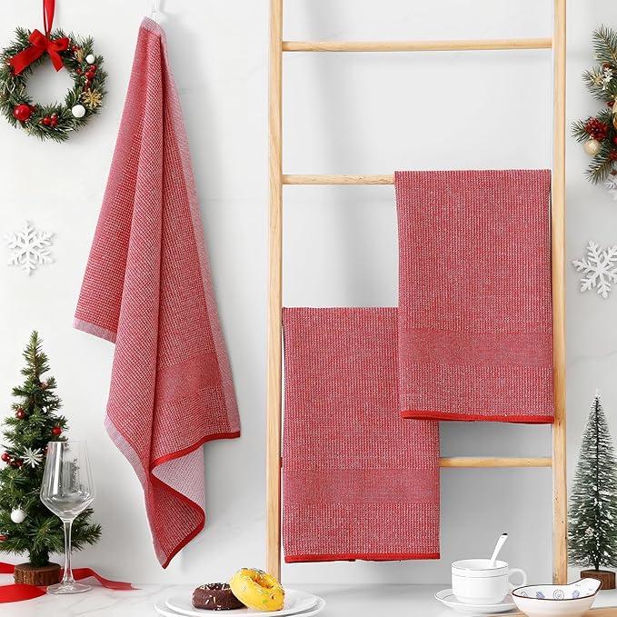 Homaxy Premium Kitchen Towels(18”x 28”, 6 Pack), Large Cotton Kitchen Hand Towels, Flat and Terry Dish Towels, 380 GSM Highly Absorbent Tea Towel Set with Hanging Loop, Red