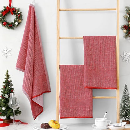 Homaxy Premium Kitchen Towels(18”x 28”, 12 Pack), Large Cotton Kitchen Hand Towels, Flat and Terry Dish Towels, 380 GSM Highly Absorbent Tea Towel Set with Hanging Loop, Red