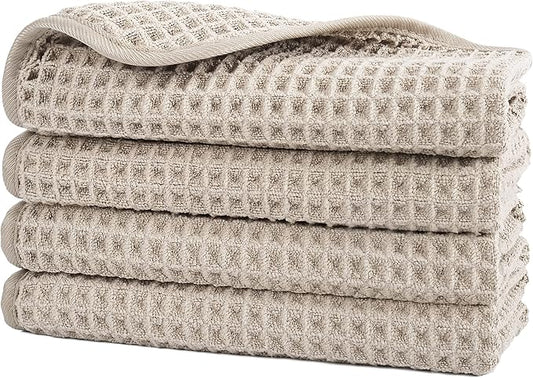 POLYTE 430 GSM Microfiber Lint Free Washcloth Face Towel, 13 x 13 in, 4 Pack (Waffle Weave)
