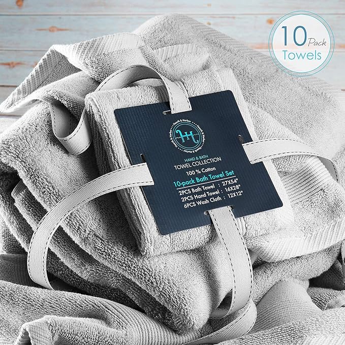 Hearth & Harbor Bath Towels for Bathroom - 100% Ring Spun Cotton Luxury Bathroom Towels - Ultra Soft & Highly Absorbent, Bath Towels Set of 10 - Silver Gray
