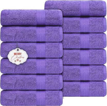 Ample Decor Hand Towel 18 X 28 Inch Pack of 12 600 GSM 100% Cotton, Oeko Tex Certified Soft Absorbent Thick Durable Premium Quality, for Hotel, Bathroom, Spa, Gym - Machine Washable - Purple