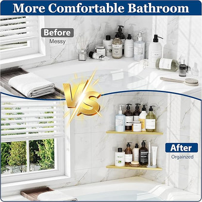 Corner Shower Shelves, 12” Recessed Tile Shower Shelf, 304 Stainless Steel Grout in Corner Tile Shower Shelves, No Drilling, Brushed Golden, 2 Pack