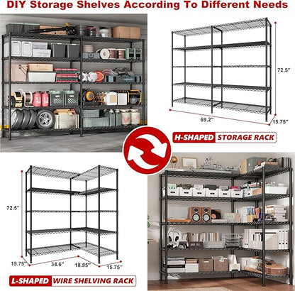 REIBII 70" W Storage Shelves Heavy Duty Load 1600LBS, Metal Shelving 5-Tier Wire Shelving Unit Metal Shelves for Storage Adjustable Shelving Rack for Pantry Kitchen 70" W*15.8" D*72.4" H, 2 Pack