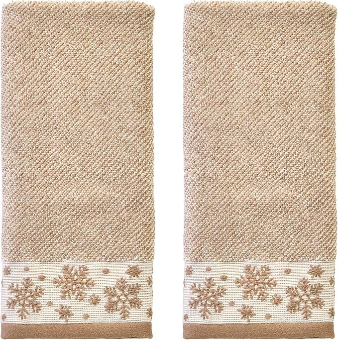SKL Home Christmas/Winter Heather Snowflake 100% Cotton Premium 2-Piece Hand Towel Set, 500 GSM, Soft & Absorbent Jacquard, Decorative for Bath/Kitchen/Bar, Tan