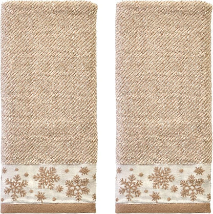 SKL Home Christmas/Winter Heather Snowflake 100% Cotton Premium 2-Piece Hand Towel Set, 500 GSM, Soft & Absorbent Jacquard, Decorative for Bath/Kitchen/Bar, Tan