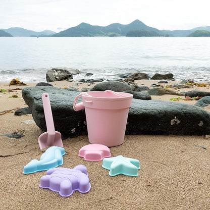 BLUE GINKGO Silicone Beach Toys - Modern Travel Friendly Set | Bucket, Shovel, 4 Sand Molds, Beach Bag | Sand Toys for Toddlers, Kids - Pink
