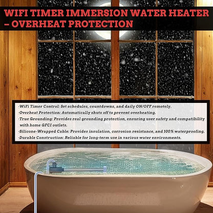 3000W 240V Inflatable Pool Immersion Water Heater with Wifi Timer & Auto Shut Off – Submersible Electric Heater for Above-Ground Pool, Baptismal Pool, Baptistry, Bucket, Bathtub and Hot Tub