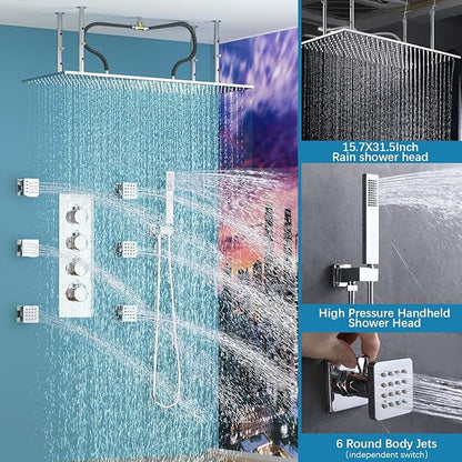 Bathroom Shower System, 16X32 inches Ceiling Mount Thermostatic Large Rain Shower with Adjustable Flow Body Jets, Multi Shower Jets System Can Run All At Once (Chrome)