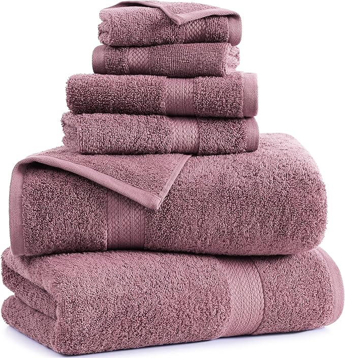 LANE LINEN 100% Mercerized Cotton Bathroom Towel Set - 6 Pcs - Ring Spun, Fluffy, Soft & Highly Absorbent - 2 Bath, 2 Washcloths, 2 Hand Towels - Avaialable in Wide Variety of Colours - Wishful Mauve