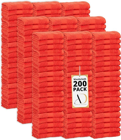 Ample Decor Washcloths Pack of 200 12 X 12 Inch, 600 GSM 100% Cotton Soft Absorbent, Premium Quality Durable Machine Washable, Ideal for Bathroom, Pool, Hotel, Spa – Orange