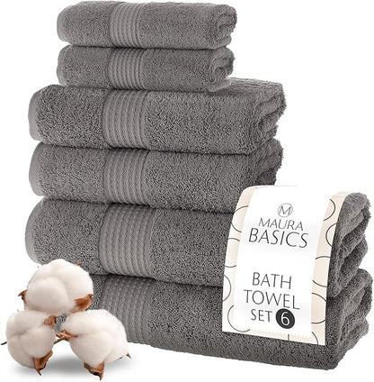 MAURA Basics Bath Towel Sets for Bathroom with Hanging Hook Loops. 2 Bath Towels, 2 Hand Towels, 2 Washcloths, Soft, Durable, Long Lasting and Absorbent Towels Set, Space Gray