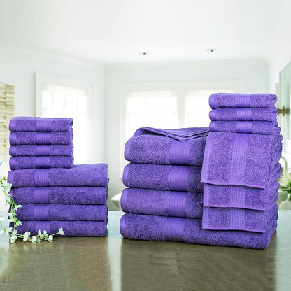 Ample Decor Bathroom Towel Set of 18-4 Hand Towel, 4 Bath Towel, 10 Wash Cloths - Oeko Tex Certified 600 GSM 100% Cotton - High Absorbency Quick Drying, Ideal for Gifting - Purple