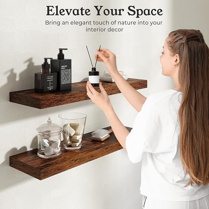 Floating Shelves for Wall, 9.3" Deep Wall Mounted Rustic Wood Shelves for Bathroom, Bedroom, Living Room, Kitchen, Hanging Shelf for Books/Storage/Room Decor (Brown, 30")