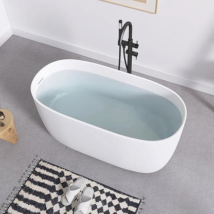 SJ STAR&JANE 47" Solid Surface Freestanding Bathtub Modern Stone Resin Oval Soaking Tub with Side Drain in Matte White